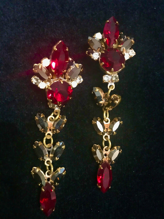 Art Nouveau Old Czech Glass Red & Black Sparkling Earrings, Xmas Mardi Gras Carnival Drop Chandelier Clip Gift Earrings, Prom Earrings