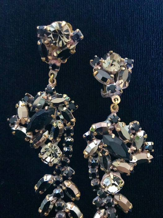 Art Nouveau Old Czech Glass Black Sparkling Earrings, Xmas Halloween Dangle Drop Aurora Borealis Covering Chandelier Clip Gift Earrings
