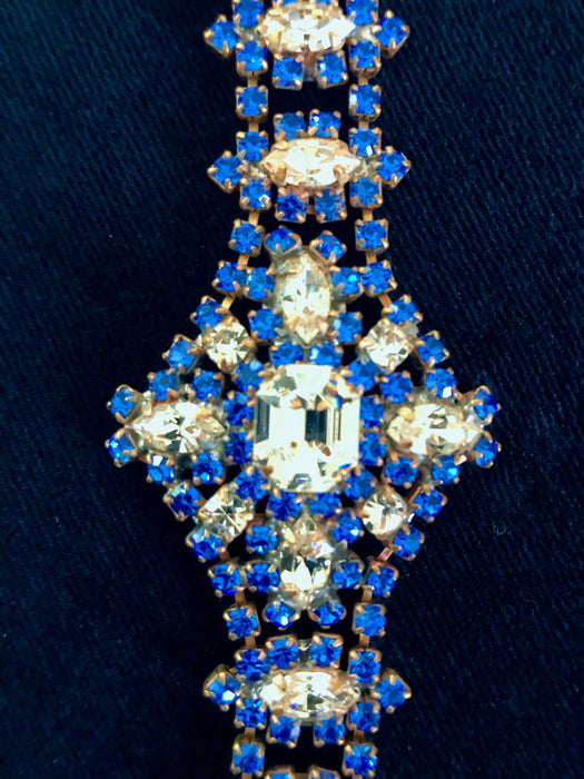 Art Deco Style Crystal Glass Bracelet, Old Czech Wedding Dazzling Blue Stones Link Bracelet, Xmas Bridal Evening Party Panel Gift Bracelet