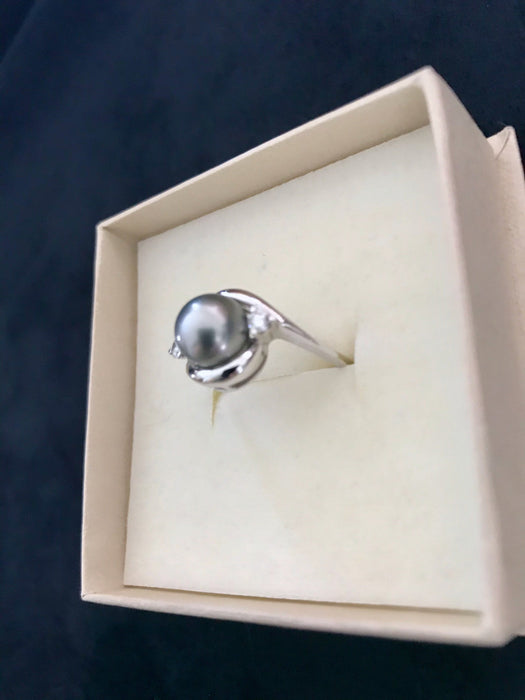Grey Sea Pearl & Diamonds 14k White Gold Engagement Ring, Russian Vintage Gift Dress Ring in Original Box, Mother's Day Xmas Sea Pearl Ring