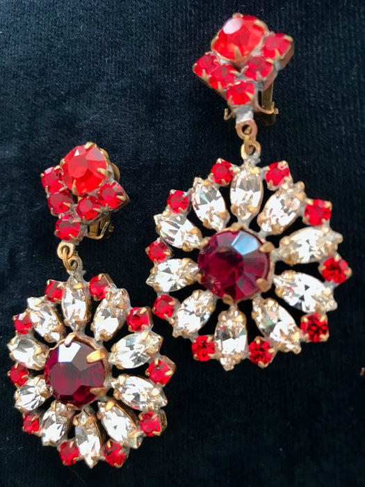 Art Deco Old Czech Crystal Glass Earrings, Xmas Red & Clear Bridal Dangle Drop Crystal Rhinestone Chandelier Carnival Gift Clip On Earrings