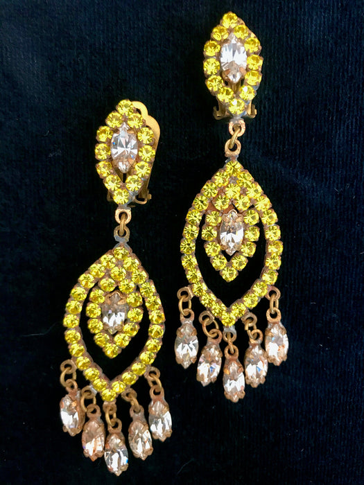 Gypsy Boho Old Czech Crystal Glass Earrings, Lemon Yellow & Clear Dangle Drop Tassel Rhinestone Chandelier Carnival Party Gift Clip Earrings