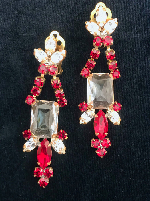 Art Deco Old Czech Crystal Glass Drop Earrings, Xmas Red Rhinestone Handmade Dangle Mardi Gras Carnival Prom Evening Party Clip Earrings