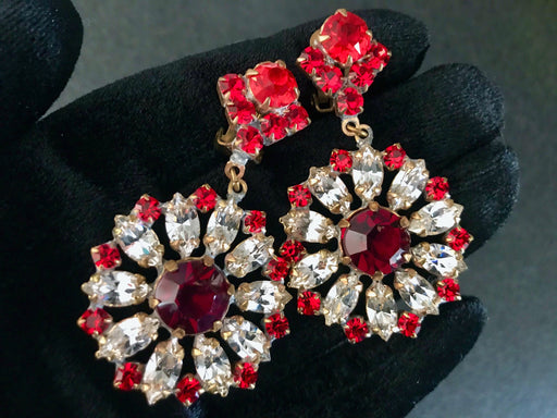 Art Deco Old Czech Crystal Glass Earrings, Xmas Red & Clear Bridal Dangle Drop Crystal Rhinestone Chandelier Carnival Gift Clip On Earrings