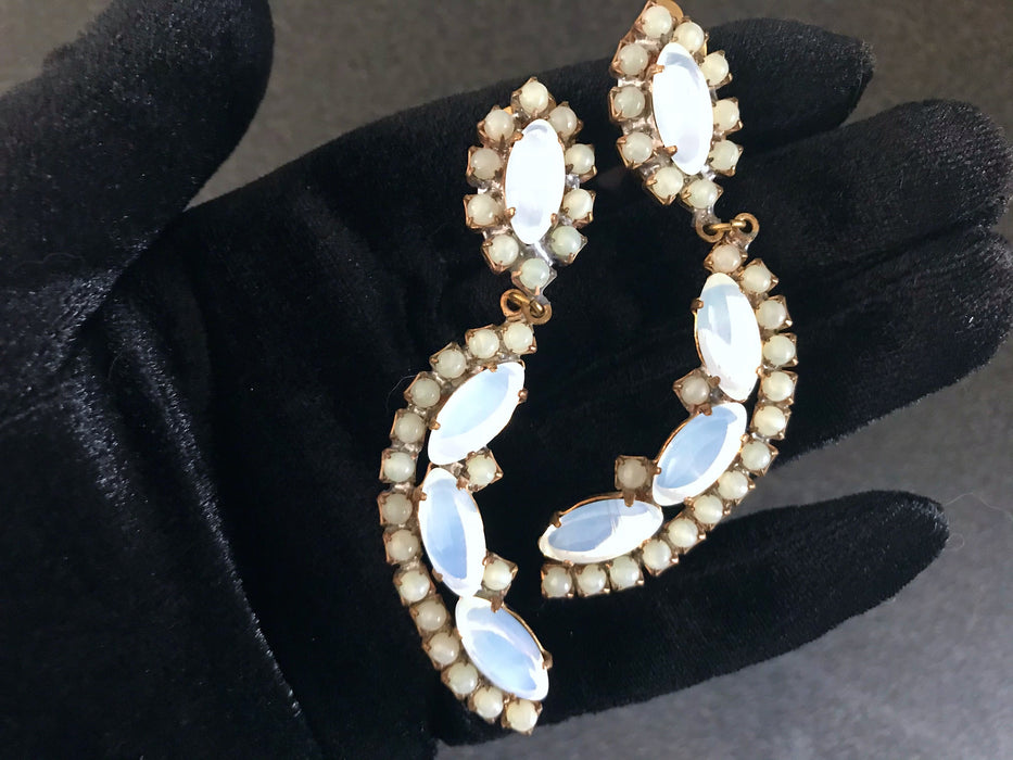 VASELINE URANIUM Glass Art Deco Old Czech Satin Moon Glass Earrings, Crescent Moon Dangle Drop Rhinestones Chandelier Clip On Gift Earrings