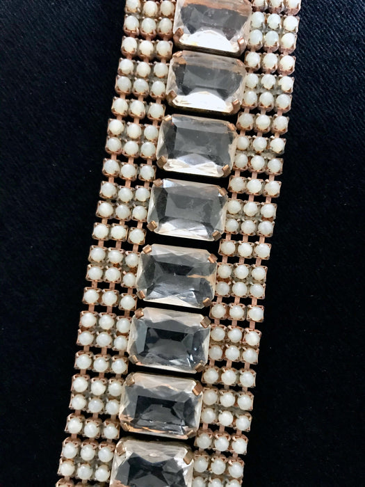VASELINE URANIUM Glass Art Deco Style WIDE Bracelet, Old Czech Wedding Dazzling Link Bracelet, Bridal Evening Party Panel Rare Gift Bracelet