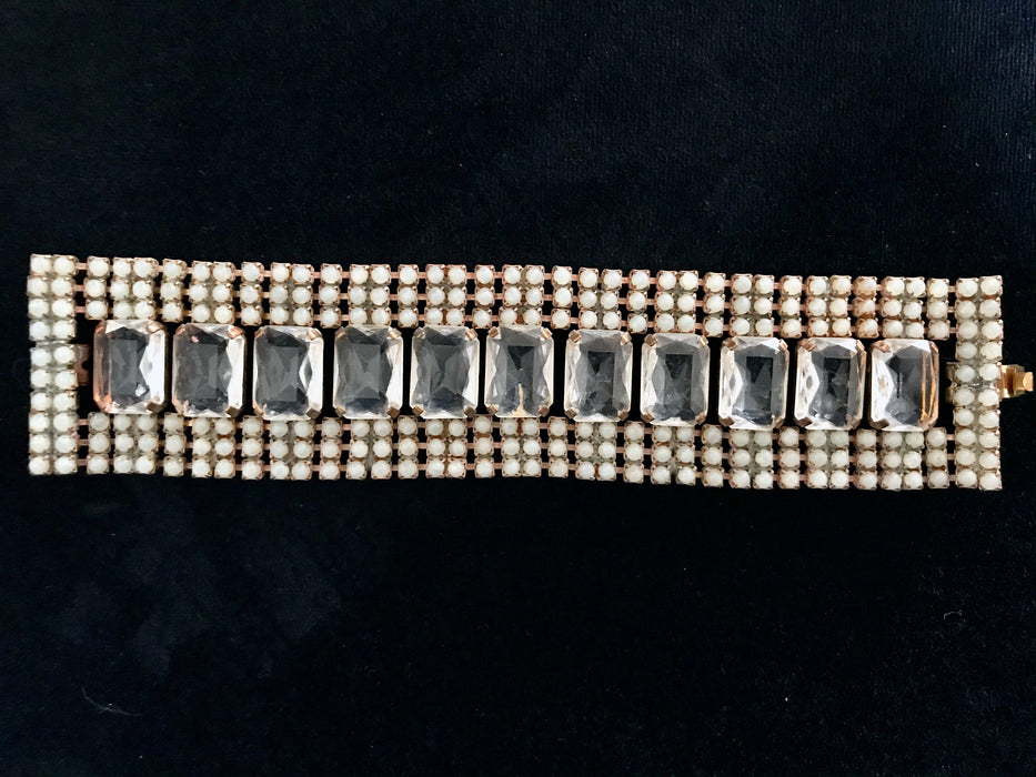 VASELINE URANIUM Glass Art Deco Style WIDE Bracelet, Old Czech Wedding Dazzling Link Bracelet, Bridal Evening Party Panel Rare Gift Bracelet