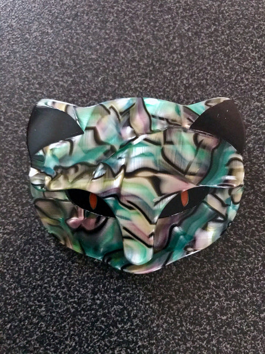 Lea Stein Attila Cat Face Brooch, Handmade Layered Pearlized Green Abstract Bird Animal Pin, Rare Collectible French Designer Gift Brooch