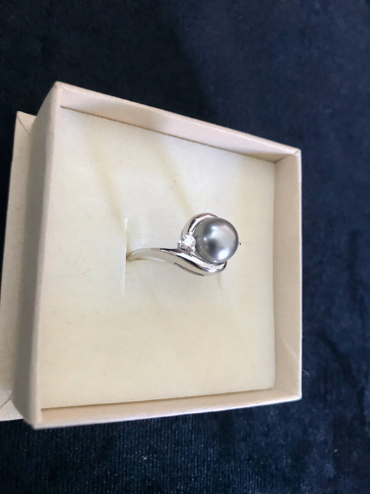 Grey Sea Pearl & Diamonds 14k White Gold Engagement Ring, Russian Vintage Gift Dress Ring in Original Box, Mother's Day Xmas Sea Pearl Ring