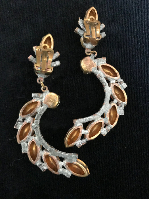 Art Deco Old Czech Glass Red Earrings, Crescent Moon Dangle Drop Crystal Rhinestone Chandelier Clip On Mardi Gras Carnival Gift Earrings