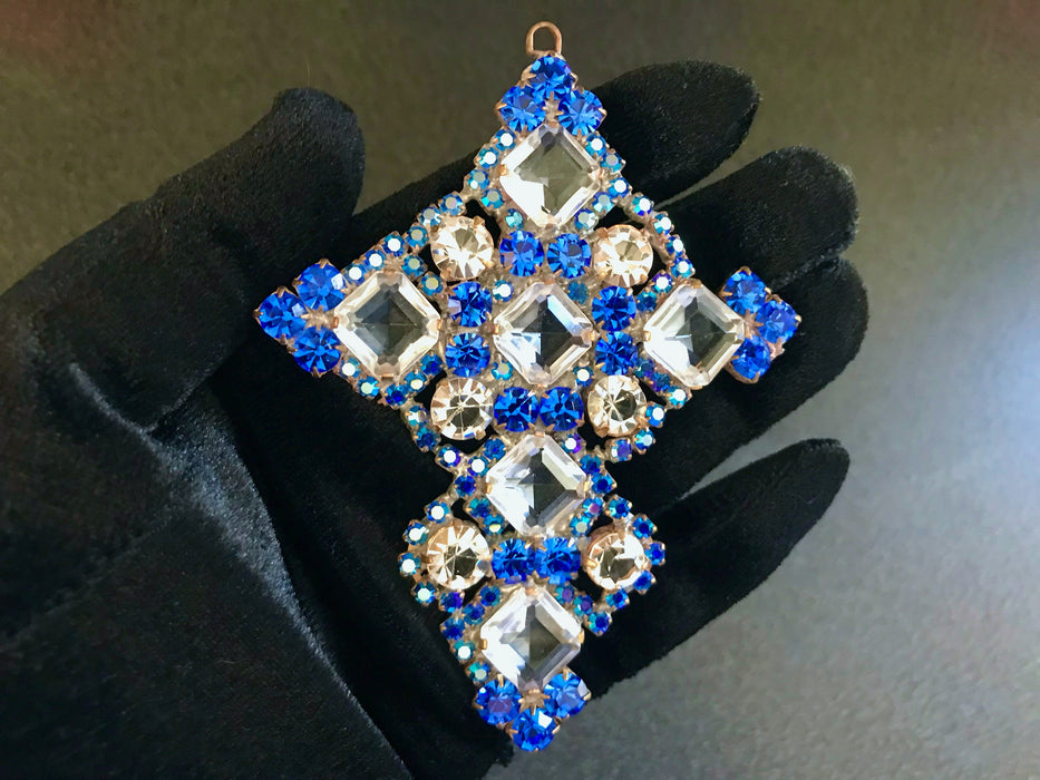 Huge Massive Old Czech Crystal Glass Cross Pendant, Halloween Blue & Cobalt Faceted Glass Stones Day of The Dead Home Wall Table Decoration