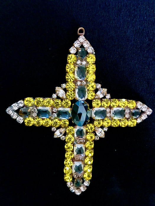 Huge Massive Old Czech Crystal Glass Cross Pendant, Halloween Yellow Faceted Glass Rhinestones Day Of The Dead Home Wall Table Decoration