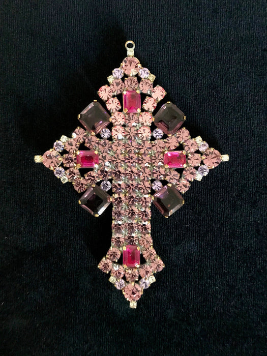 Huge Massive Old Czech Crystal Glass Cross Pendant, Halloween Pink & Lilac Faceted Glass Stones Day of The Dead Home Wall Table Decoration