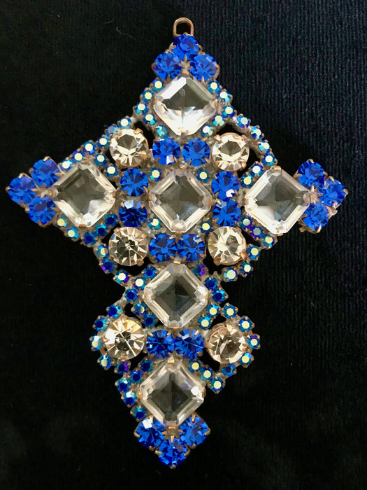 Huge Massive Old Czech Crystal Glass Cross Pendant, Halloween Blue & Cobalt Faceted Glass Stones Day of The Dead Home Wall Table Decoration