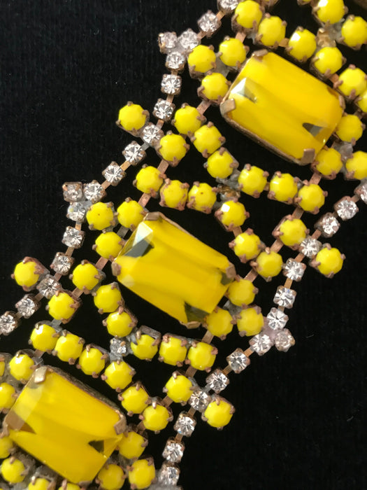 Art Deco Style WIDE Crystal Glass Bracelet, Sunny Yellow Old Czech Mardi Gras Carnival Link Bracelet, Halloween Evening Party Panel Bracelet