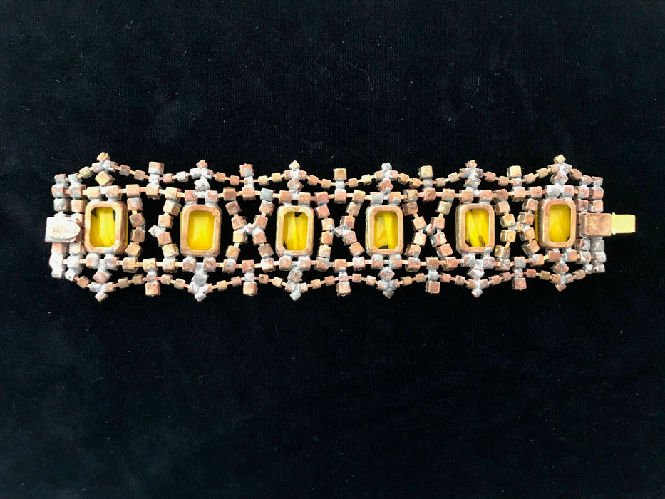Art Deco Style WIDE Crystal Glass Bracelet, Sunny Yellow Old Czech Mardi Gras Carnival Link Bracelet, Halloween Evening Party Panel Bracelet