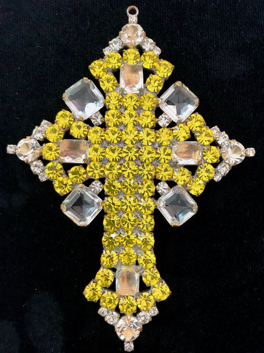 Huge Massive Old Czech Crystal Glass Cross Pendant, Halloween Lemon Yellow Faceted Glass Stones Day of The Dead Home Wall Table Decoration