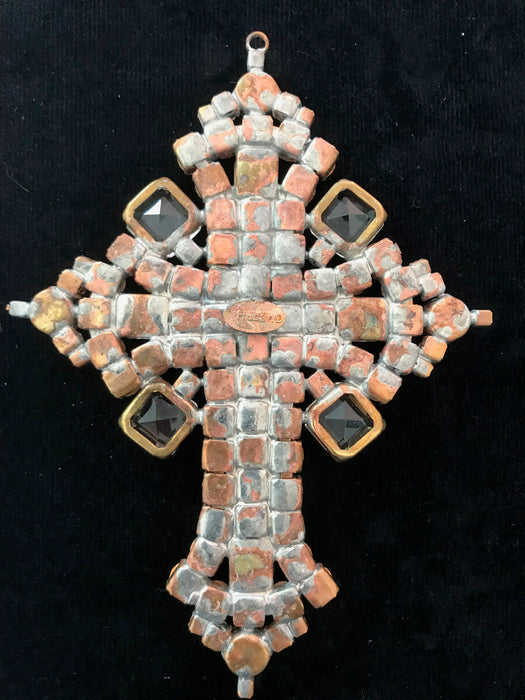 Huge Massive Old Czech Crystal Glass Cross Pendant, Halloween Pink & Clear Faceted Glass Stones Day of The Dead Home Wall Table Decoration