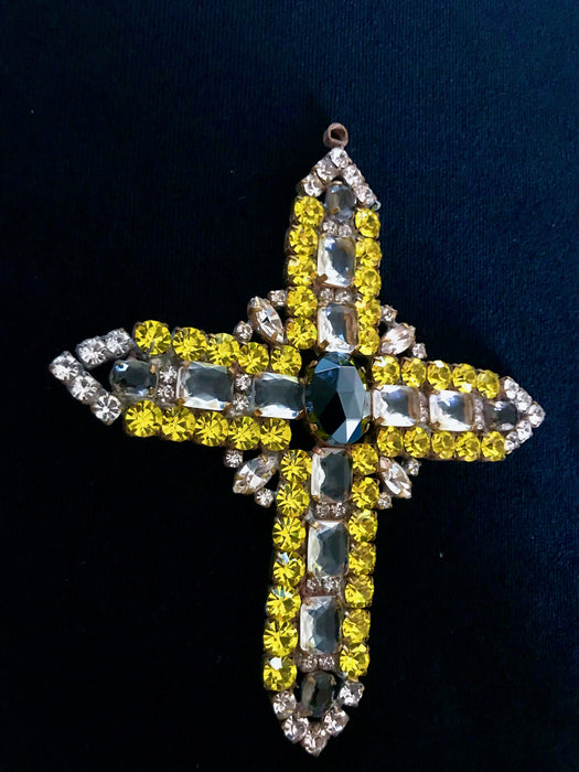 Huge Massive Old Czech Crystal Glass Cross Pendant, Halloween Yellow Faceted Glass Rhinestones Day Of The Dead Home Wall Table Decoration