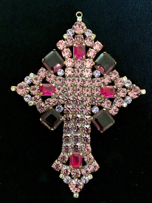 Huge Massive Old Czech Crystal Glass Cross Pendant, Halloween Pink & Lilac Faceted Glass Stones Day of The Dead Home Wall Table Decoration