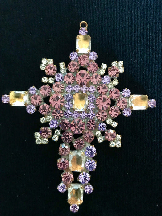 Huge Massive Old Czech Crystal Glass Cross Pendant, Halloween Lilac & Pink Faceted Glass Stones Day of The Dead Home Wall Table Decoration
