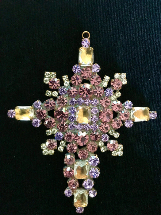 Huge Massive Old Czech Crystal Glass Cross Pendant, Halloween Lilac & Pink Faceted Glass Stones Day of The Dead Home Wall Table Decoration