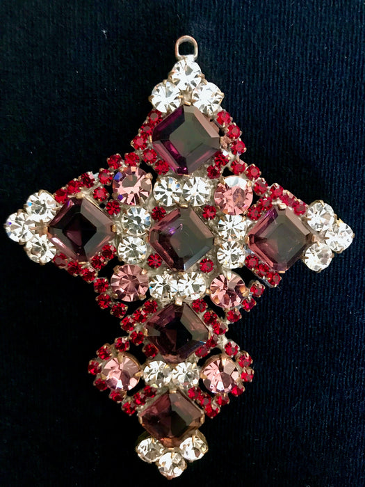 Huge Massive Old Czech Crystal Glass Cross Pendant, Garnet Glass Pink Purple Faceted Glass Stones Day of The Dead Home Wall Table Decoration