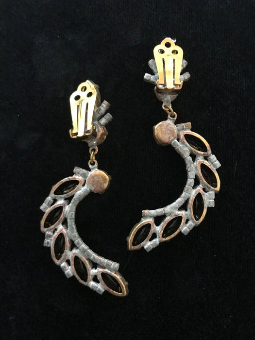 Art Deco Old Czech Glass Black Earrings, Xmas Crescent Moon Dangle Drop Crystal Rhinestone Chandelier Clip Mardi Gras Carnival Gift Earrings