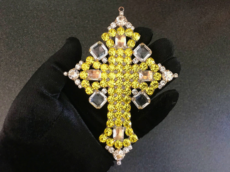 Huge Massive Old Czech Crystal Glass Cross Pendant, Halloween Lemon Yellow Faceted Glass Stones Day of The Dead Home Wall Table Decoration