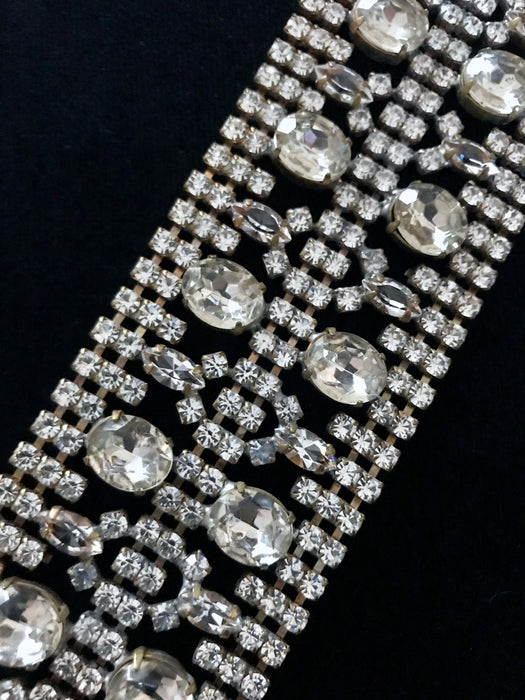 Art Deco Style WIDE Crystal Glass Bracelet, Xmas NY Wedding Dazzling Diamante Old Czech Bridal Link Bracelet, Evening Party Panel Bracelet