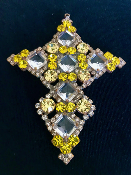 Huge Massive Old Czech Crystal Glass Cross Pendant, Lemon Yellow & Clear Faceted Glass Stones Day of The Dead Home Wall Table Decoration