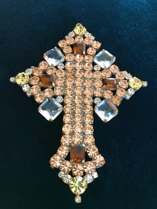 Huge Massive Old Czech Crystal Glass Cross Pendant, Caramel Brown Clear Faceted Glass Stones Day of The Dead Home Wall Table Decoration Gift