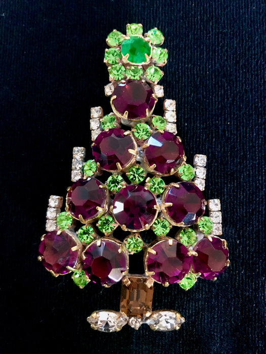 Old Czech Crystal Glass HUGE ≈4" Xmas Tree Brooch, Purple Green & Dazzling Clear Rhinestones Handmade Christmas Gift Big Lapel Brooch Pin