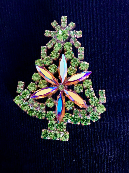 Old Czech Crystal Glass Medium Xmas Tree Brooch, Aurora Borealis Green Handmade Christmas Gift Lapel Shawl Hat Brooch Pin, Stocking Stuffer