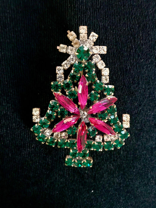 Old Czech Crystal Glass Medium Xmas Tree Brooch, Green Pink Rhinestones Handmade Christmas Gift Lapel Shawl Hat Brooch Pin, Stocking Stuffer