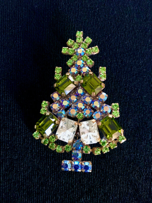 Old Czech Crystal Glass Xmas Tree Brooch, Green Aurora Borealis Rhinestones Handmade Christmas Gift Lapel Shawl Brooch Pin, Stocking Stuffer
