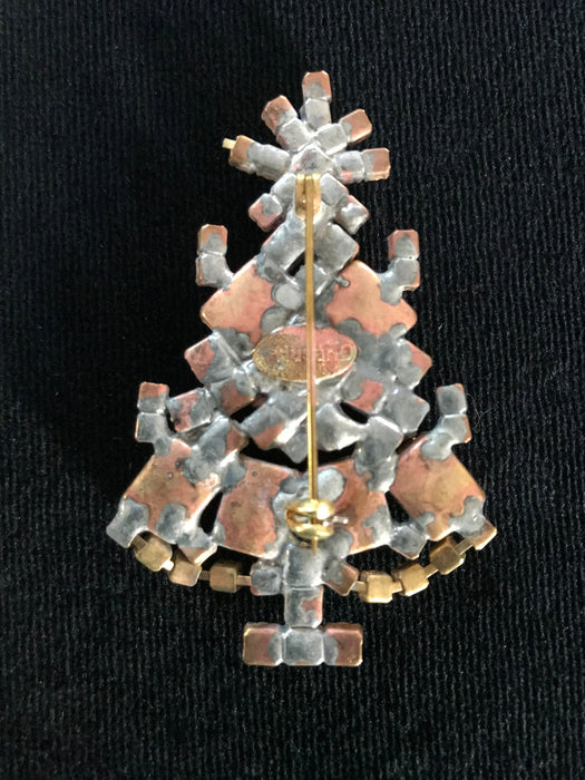 Old Czech Crystal Glass Xmas Tree Brooch, Green Aurora Borealis Rhinestones Handmade Christmas Gift Lapel Shawl Brooch Pin, Stocking Stuffer
