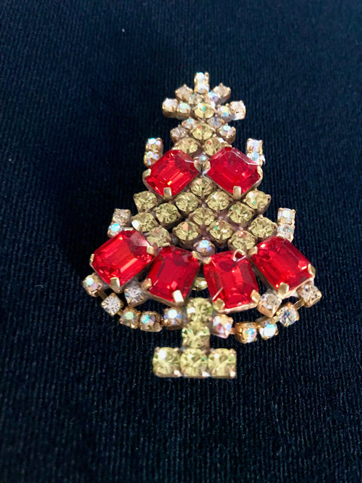 Old Czech Crystal Glass Xmas Tree Brooch, Red & Clear Rhinestones Handmade Christmas Gift Lapel Shawl Scarf Hat Brooch Pin, Stocking Stuffer