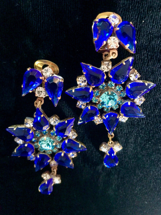 Art Deco Old Czech HUGE >3" Crystal Glass Drop Earrings, Xmas Cobalt Blue Rhinestones Handmade Dangle Carnival Party Evening Clip Earrings