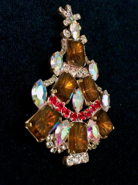 Old Czech Crystal Glass HUGE 3.5" Xmas Tree Brooch, Cognac & Aurora Borealis Rhinestones Handmade Christmas Gift Big Lapel Scarf Brooch Pin