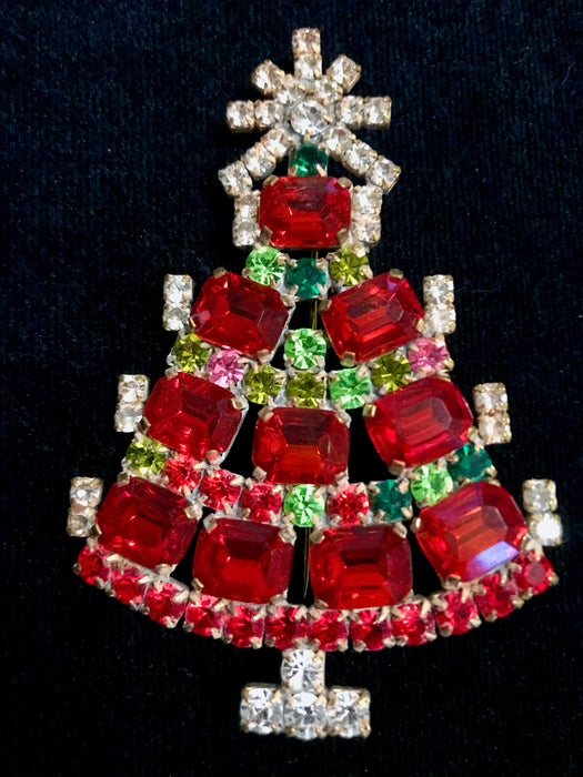 Art Deco Old Czech Crystal Glass HUGE >3" Xmas Tree Brooch, Ruby Red Green & Clear Rhinestones Christmas Gift Big Lapel Scarf Brooch Pin