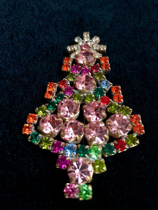 Art Deco Old Czech Crystal Glass Funky >3" Xmas Tree Brooch, Pink Green & Multicolor Rhinestones Christmas Pageant Gift Big Lapel Scarf Pin