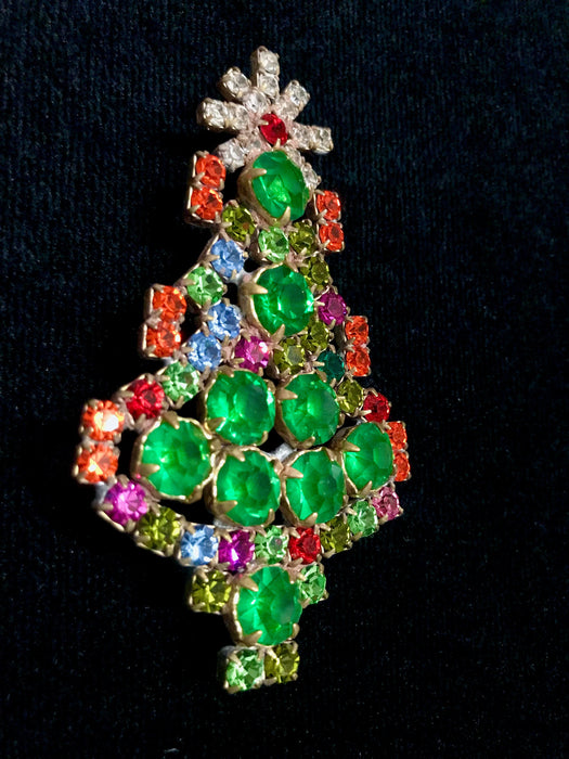 Art Deco Old Czech Crystal Glass Funky >3" Xmas Tree Brooch, Green Red & Multicolor Rhinestones Christmas Pageant Gift Big Lapel Scarf Pin
