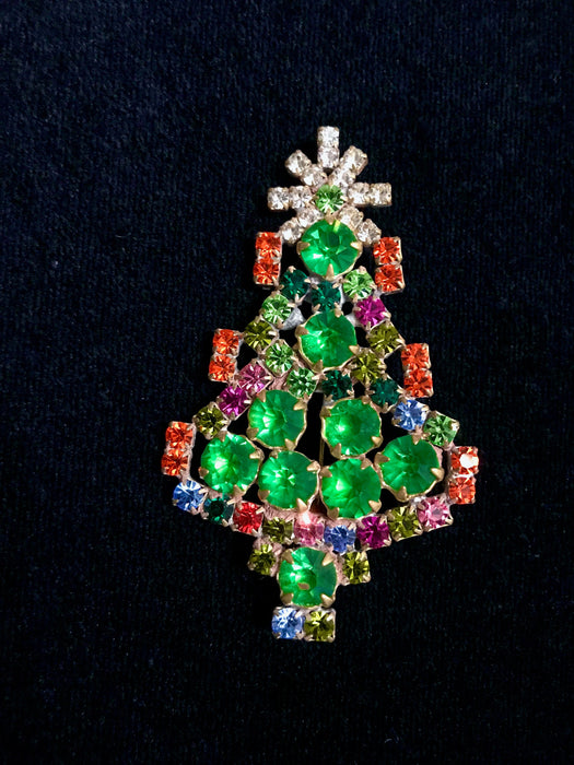 Art Deco Old Czech Crystal Glass Funky >3" Xmas Tree Brooch, Green Red & Multicolor Rhinestones Christmas Pageant Gift Big Lapel Scarf Pin