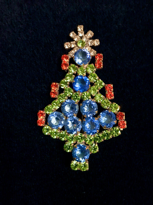 Art Deco Old Czech Crystal Glass Funky >3" Xmas Tree Brooch, Blue Red Green Multicolor Rhinestone Christmas Pageant Gift Big Lapel Scarf Pin
