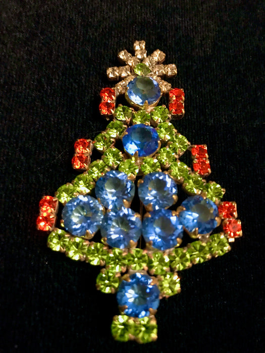 Art Deco Old Czech Crystal Glass Funky >3" Xmas Tree Brooch, Blue Red Green Multicolor Rhinestone Christmas Pageant Gift Big Lapel Scarf Pin