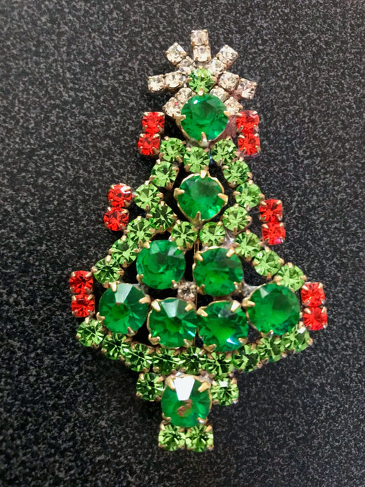 Old Czech Crystal Glass Xmas Tree Brooch, Green Red Clear Rhinestones Handmade Christmas Gift Lapel Shawl Hat Brooch Pin, Stocking Stuffer