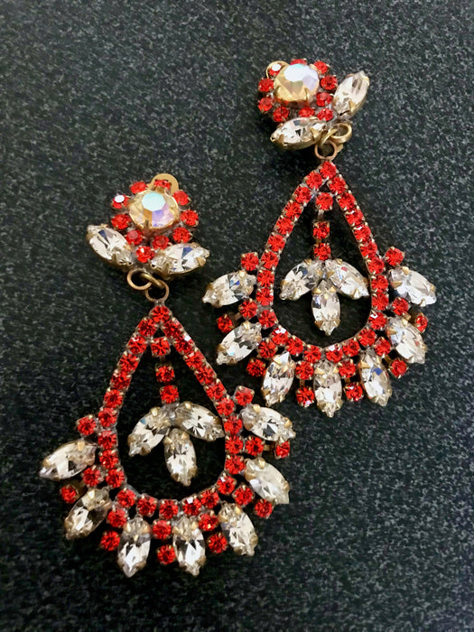 Art Deco Old Czech HUGE 3" Crystal Glass Drop Earrings, Xmas Red & Clear Aurora Borealis Rhinestone Chandelier Party Evening Clip Earrings