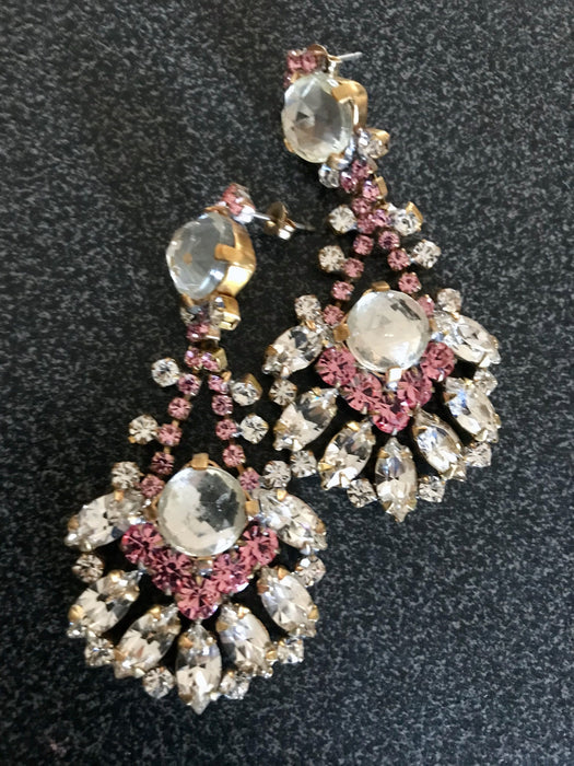 Art Deco Old Czech LARGE Crystal Glass Drop Earrings, Xmas Pink & Clear Rhinestone Handmade Dangle Carnival Party Evening Puzett Earrings