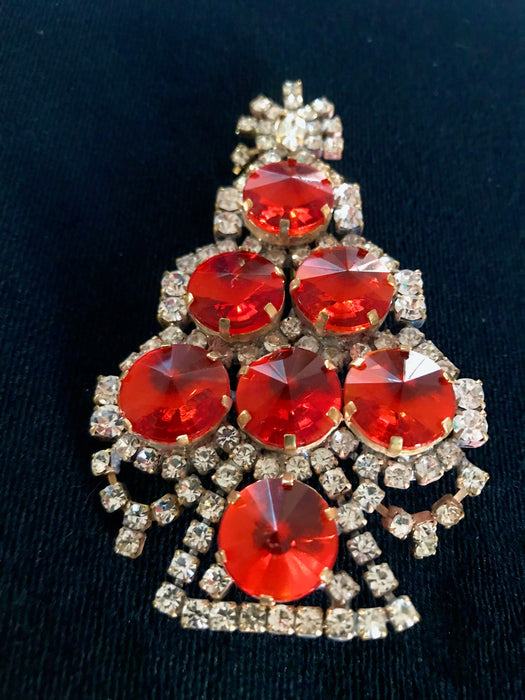 Old Czech Crystal Glass HUGE ≈4" Xmas Tree Brooch, Fire Red & Dazzling Clear Rhinestones Handmade Christmas Gift Big Lapel Scarf Brooch Pin